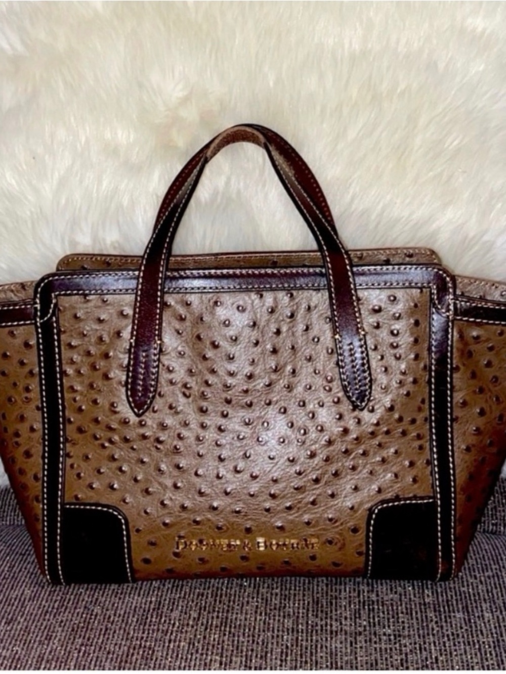 Dooney & Bourke Brown Ostrich-Style Satchel with Dark Trim